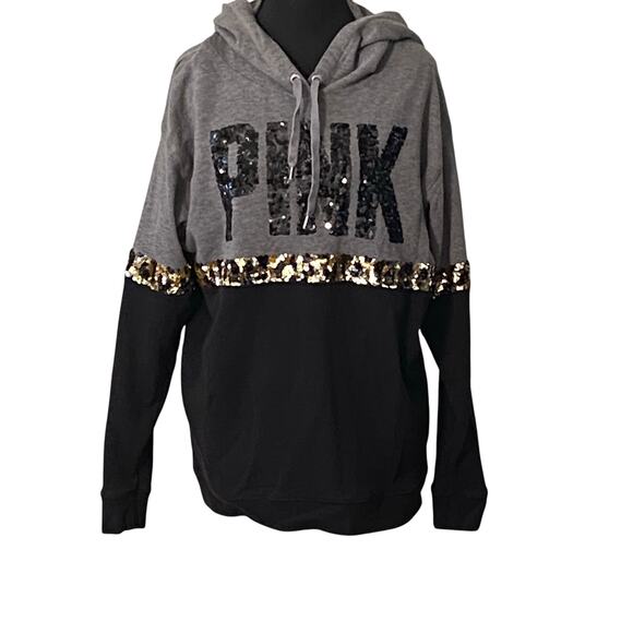 Victoria’s Secret PINK Sequin Leopard Colorblock Hoodie Sweatshirt Med Bling - Picture 1 of 9